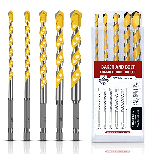 Baker and Bolt Extra 5 Pcs 5.12' Masonry Drill Bit Set for Concrete High-Speed Steel Drill Bits Set...