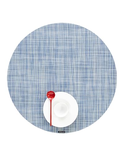 Chilewich Mini Basketweave Placemats - Round Woven Placemats Set of 4 - Reusable, Stain-Resistant, Indoor/Outdoor Tabletop Protection - Chambray - 15" Round