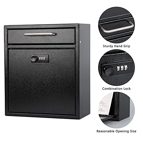 Kyodoled Steel Combination Lock Mail Boxes Outdoor,Locking Wall Mount Mailbox,Security Key Drop Box,12H X 10.51L X 4.68W Inches,Black Large #TOP3