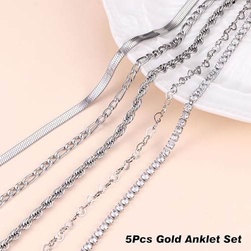 Image of FUNRUN JEWELRY Gold Ankle Bracelets,14 k Gold Plated Waterproof Stainless Steel Cuban Link Chain Ankle Set Paperclip Figaro Layered Anklets Bracelets for Women Dainty Summer Beach Jewelry 5Pcs