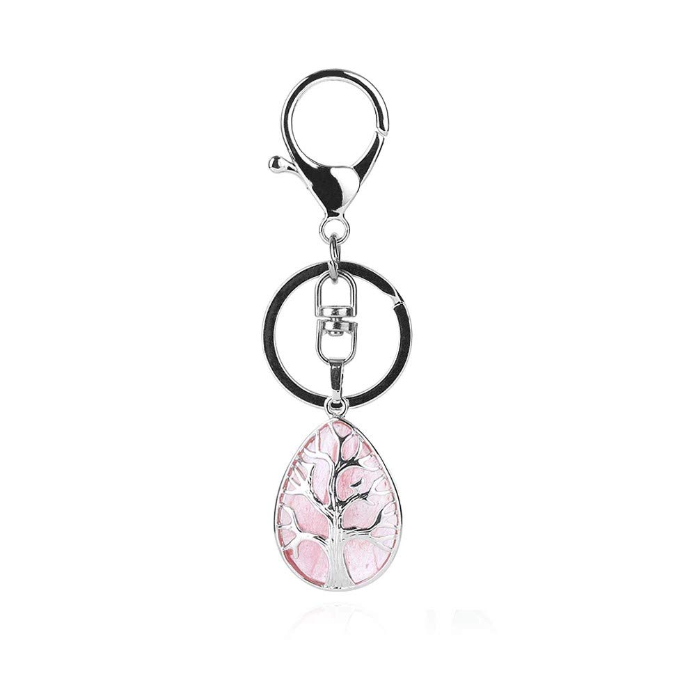 Zodiark Jewellery Silver & Pink Engraved Silver Tree Of Life Keychain Keyring With Natural Rose Pink Quartz Stone Detail & Silver Chain