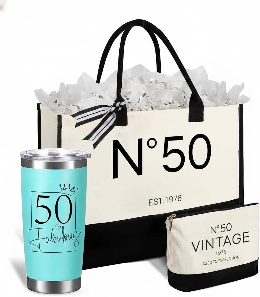 Physkoa Birthday Gifts for Women–4pcs Birthday Decorations for 40th/50th/55th/60th/65th/70th Women-Tote Bag With Tumbler Set