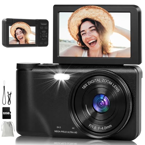 Digital Camera - 4K 64MP Compact Camera with 3 Inch 180° Flip Screen 32GB Memory Card 18X Digital Zoom Autofocus Vlogging Photo Cameras for Teenagers Beginners Adults