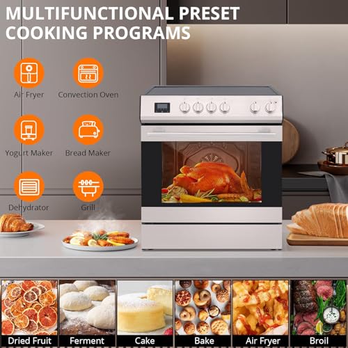30" Electric Oven, Freestanding Range, 4 Sealed Burners, 5cu. Ft. Capacity, Slide-In Convection Oven, Easy Reach Racks, Touch Panel, Stainless Steel
