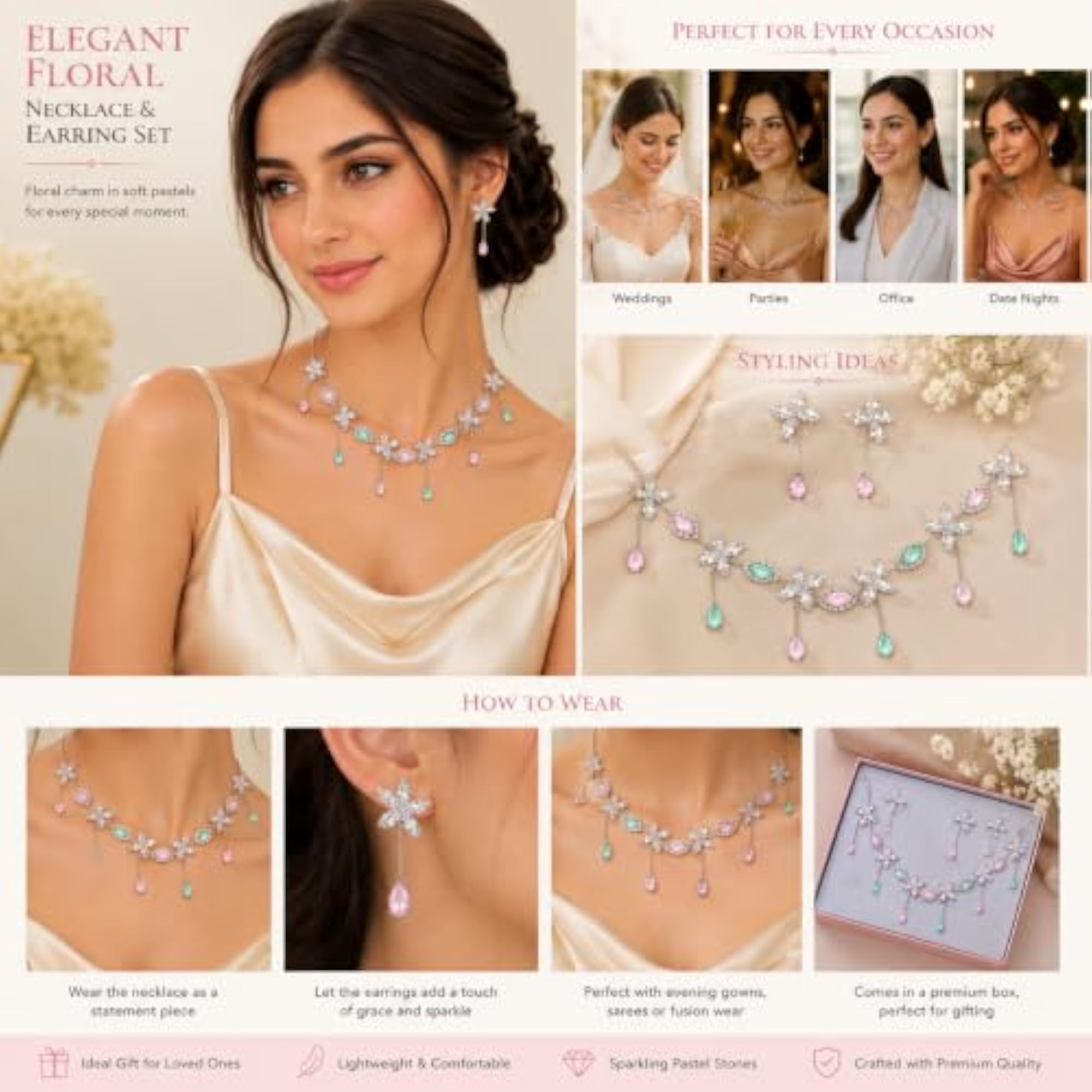 Floral Necklace and Earrings Set with Pink & Green Pastel