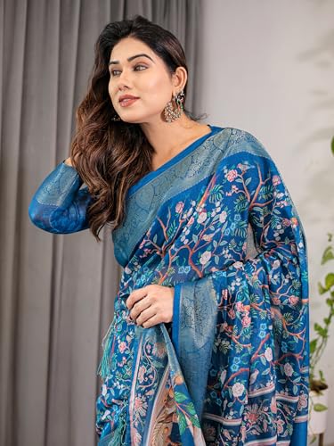 Image of ALMAARI FASHION Handloom Cotton Saree, Royal Blue with Floral Bird Print, Silver Zari Border, 5.5 Metres