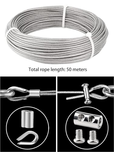TooTaci 3mm Wire Rope Kit, 50M PVC Coated Stainless Steel Cable,Indoor Curtain Wire with M3 Thimbles, Crimp Sleeves & Carbon Steel Clamps, Ideal for Picture Hanging and Indoor Light Suspension - Image 2