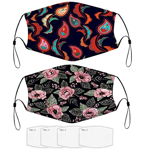 Paisley Pattern and Repeating Floral Face Cover Dust Protection Reusable Mouth Cloth Cover with Adjustable Nose Wire and Ear Loops Half Balaclava, Fashion Rewashable Breathable Re-Useable?2 Pcs?