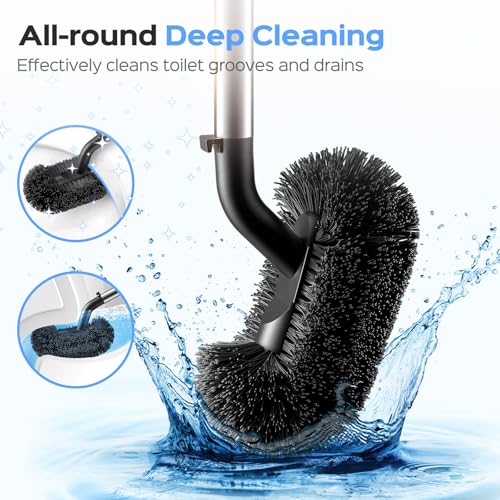 Image of HAMITOR Toilet Plunger and Brush Set: 2 in 1 Stainless Steel Rustproof Combo with Deep Cleaning Curved Bristles - Heavy Duty Toilet Unclogging for Family Bathroom - Compact Apartment Accessories