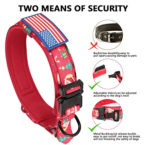 Image of DAGANXI Christmas Tactical Dog Collar, Adjustable Nylon Collar with Control Handle and Metal Buckle for Medium Large Dogs with Patches and Airtags Case (L, Christmas Red)