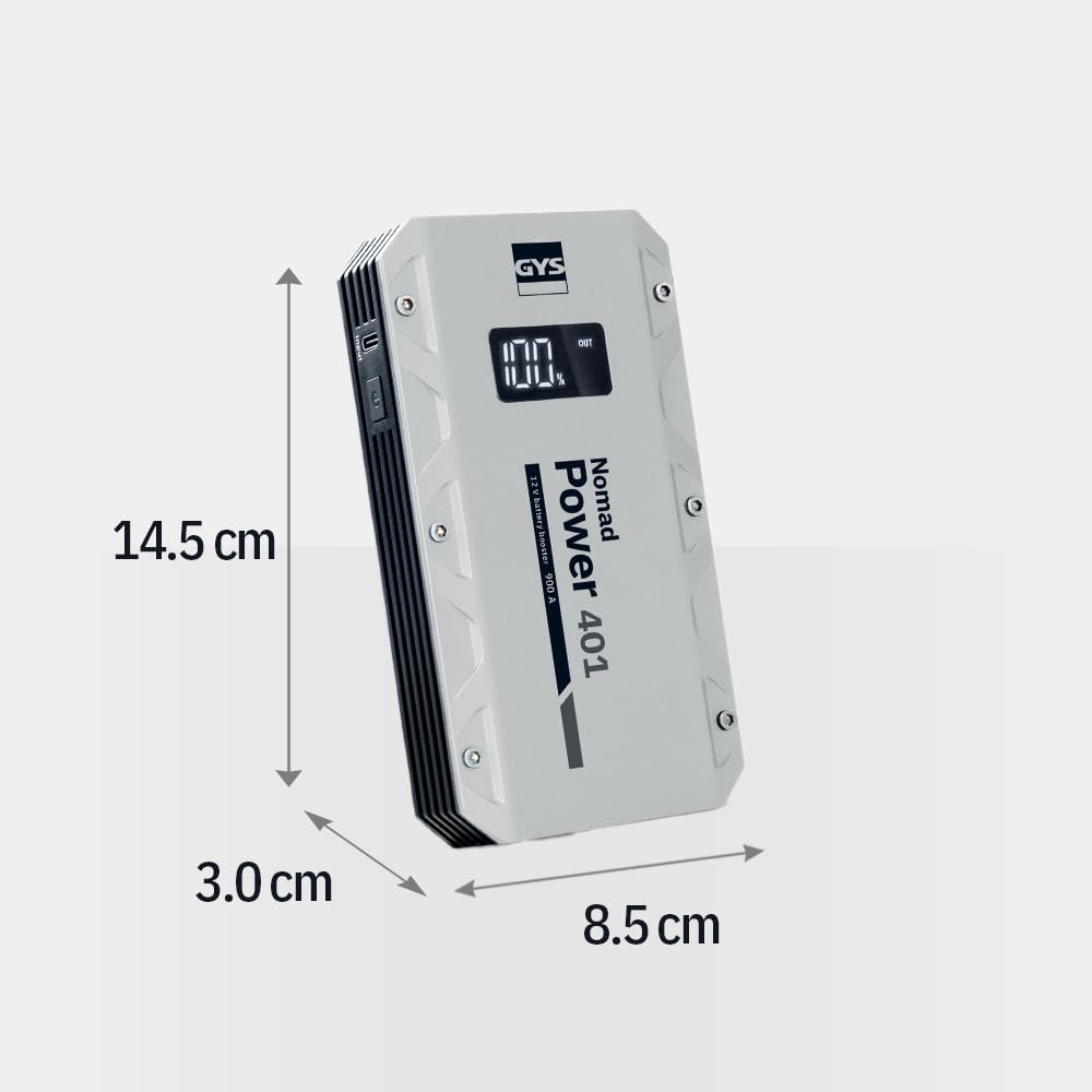 GYS, Nomad Power 401, Avviatore/Booster Batteria Litio Portatile 1200A, Veicoli 12 V (Moto, Auto), Avvio Sicuro, Batteria Esterna 3 Ah (PowerBank), Lampada LED, Display LCD
