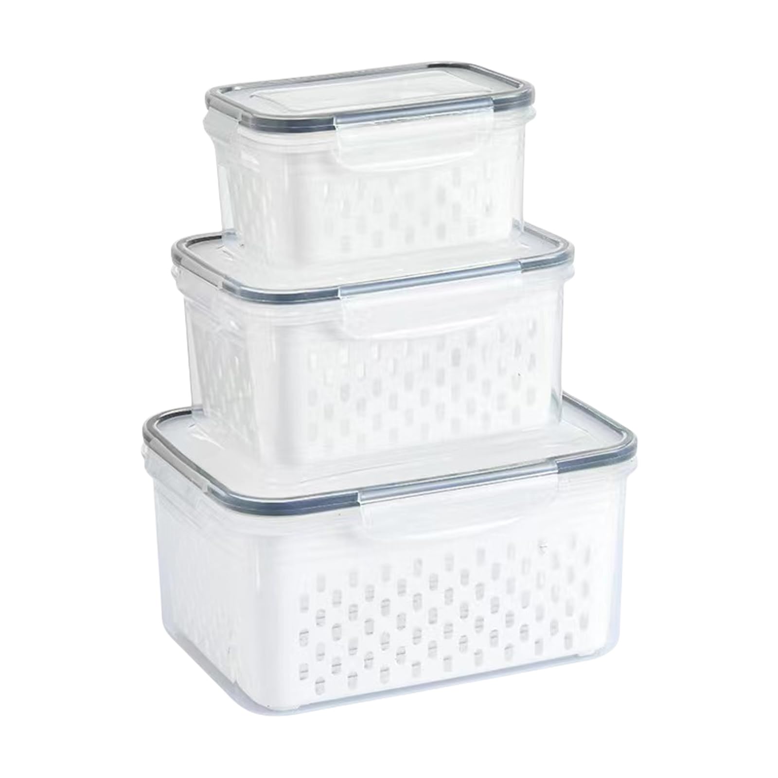 Hsioluted 3Piece Ventilated Kitchen Organizers Stackable Container with Drain Basket for Refrigerator Food Preservation Clear ABS Kitchen Organizers
