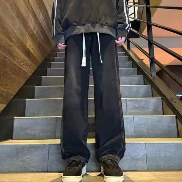 Men's Casual Jeans Baggy Y2K Drawstring Elastic Waist Straight Leg Denim Pants Hip Hop Streetwear for Men3