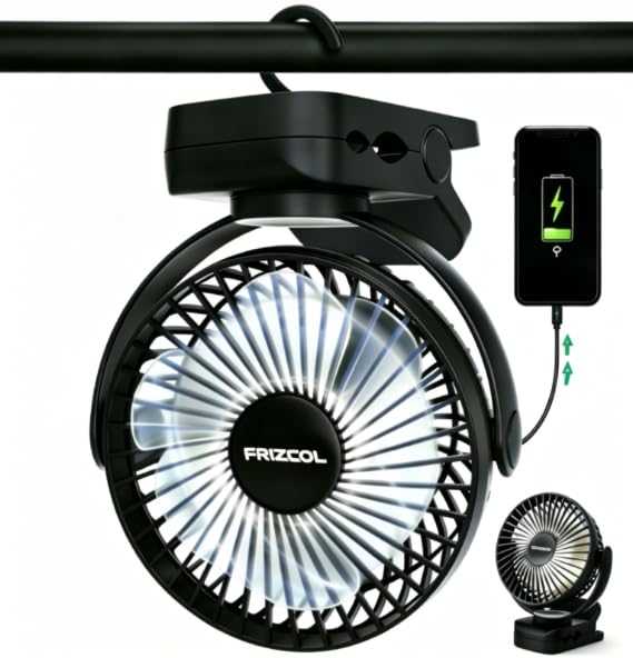 Image of Clip on Fan 65 Hours Portable Desk Fan Rechargeable with LED Lights & Hooks 12000 Capacity Battery Operated Fan with Clips Small Desk Fan Mini Fans for Tents Travel Outdoor Camping Golf Cart, Black