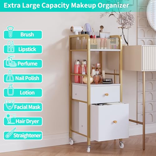 HapiRm Rolling Makeup Cart Organizer - Floor Skincare Make Up Storage with 2 Non-woven Fabric Drawers, Vanity Organizer Cosmetic Display Cases Holder for Skin Care Perfume Nail Polish Brush Hair Tool — view 4