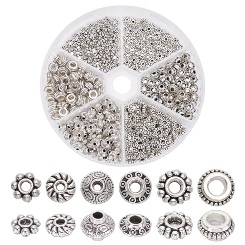 PandaHall   300 piezas de 6 estilos de cuentas espaciadoras de plata antigua, aleación tibetana, cuentas de tubo, espaciadores de metal para pulsera, collar, pendientes, suministros para hacer joyas