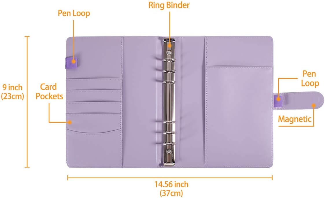 A5 PU Leather Notebook Binder, Refillable A5 Inner Filler Papers Journal Binder Cover with 6 Ring, Personal Diary Schedule Organizer Planner Binder with Magnetic Buckle Closure 7 x 9 ¼" [Lavender]