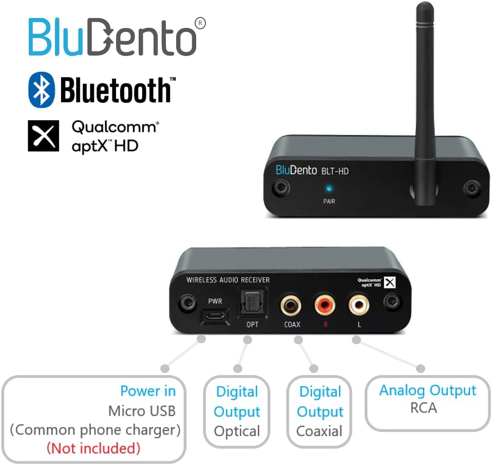 BluDento BLT-HD Bluetooth v5.1 Audio Receiver, Built-in Burr Brown DAC for Analog L/R RCA Output, Digital Coaxial & TOSLINK Outputs, Enhanced Range, True Hi-Fi