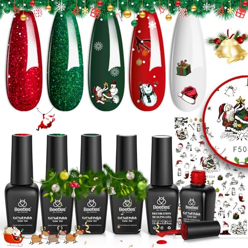 Beetles Christmas Gel Nail Polish Set, Sparkle Red Green Gel Polish Kit Soak Off UV LED Gel Nail Kit Manicure Gift with Nail Strengthener Gel and Stickers Christmas Nail Art Beetles Gift Spree