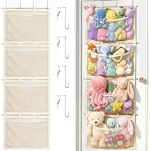 Over Door Large-Capacity Stuffed Animal Storage with Metal Hook & Wooden Stick, Hanging Plush Animal Bear Doll Toy Organizer Net Hammock Behind Door, Boho Nursery Dorm Bedroom Decor for Girl Boy Kid