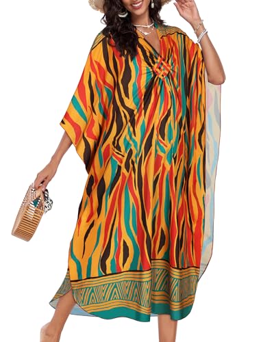 Image of JILUVIN Kaftan Dresses for Women Plus Size V Neck Caftans Long Batwing Sleeve Beach Cover Ups Summer Floral Print Dress 2026 (Green Red Stripes,One Size)