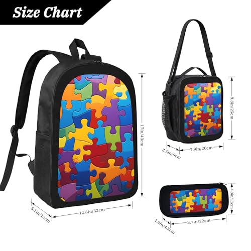 Abstract Colorful Autism 3 Pcs 17 Inches Backpack Set with Insulated Lunch Bag And Pencil Pouch Large Back Pack for Men Women Lunchbox Pencil Case Waterproof Backpacks Lunch Box 3 Piece Daypacks4