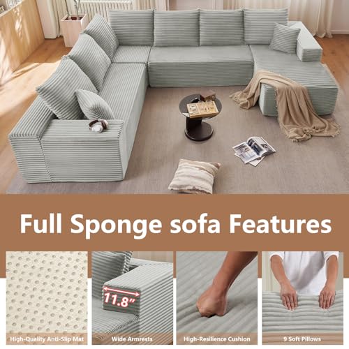 Image of Oversized Modular Sectional Sofa Couch, Large 6 Seater Corner Sofa Modern U Shaped Sectional Couch Cloud Couches for Living Room, Office, Spacious Space, Corduroy,No Assembly Required, Light Grey