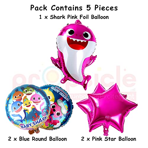 Image of Propsicle Birthday Baby Shark Decorations Foil Pink Balloon Pack of 5 Set For Baby Shark Theme Kids Party Princess Kids Helium Foil Balloon Item.
