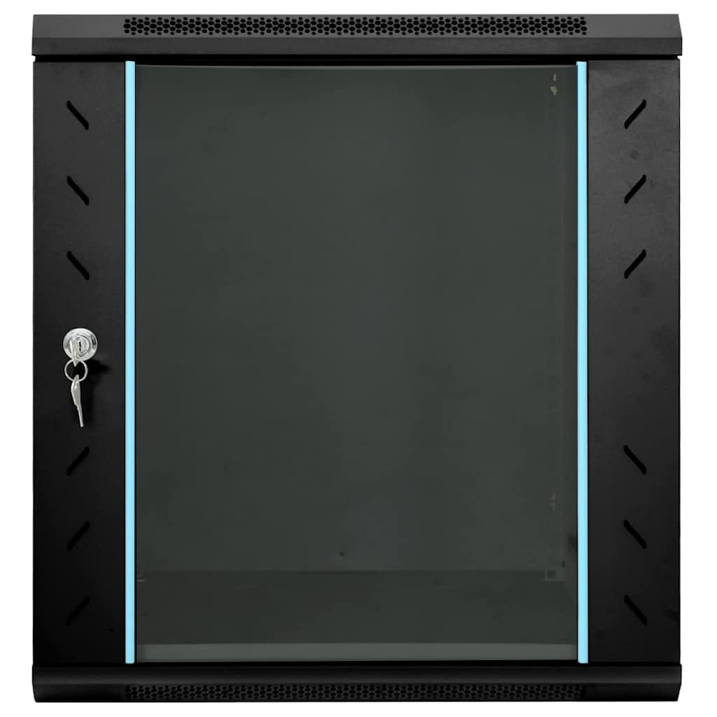 Armadietto di rete, 60 x 45 x 65 cm, nero, alloggiamento da parete, server, armadietto dati, in acciaio, con porta in vetro per componenti di rete