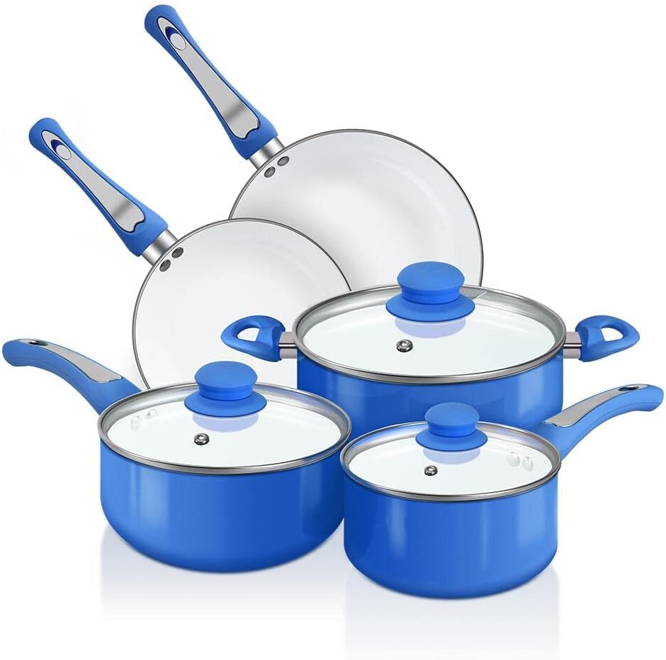 FGY 8 Pieces Non-stick Pots Pans Ceramic Coating Cookware Set with Induction Bottom, Multi Cooking Way of Pan and Pot Set- Dishwasher safe (8-Piece, Blue)