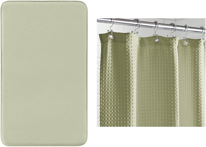 Cortina de ducha de espuma viscoelástica para baño y gofre, tamaño de baño 24 x 17, lavable, absorbente, tamaño de cortina de ducha tipo gofre 72 x 72, tela gruesa con peso, ambos en salvia, paquete de 2 artículos