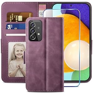 YATWIN Compatible with Samsung Galaxy A52s/A52 5G Case, Flip Wallet Leather Case with Tempered Glass Screen Protector and Card Slot Kickstand Phone Cases Cover for Samsung A52s/A52 5G – Wine Red