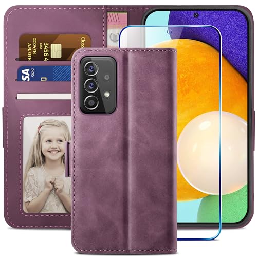 YATWIN Compatible with Samsung Galaxy A52s/A52 5G Case, Flip Wallet Leather Case with Tempered Glass Screen Protector and Card Slot Kickstand Phone Cases Cover for Samsung A52s/A52 5G – Wine Red