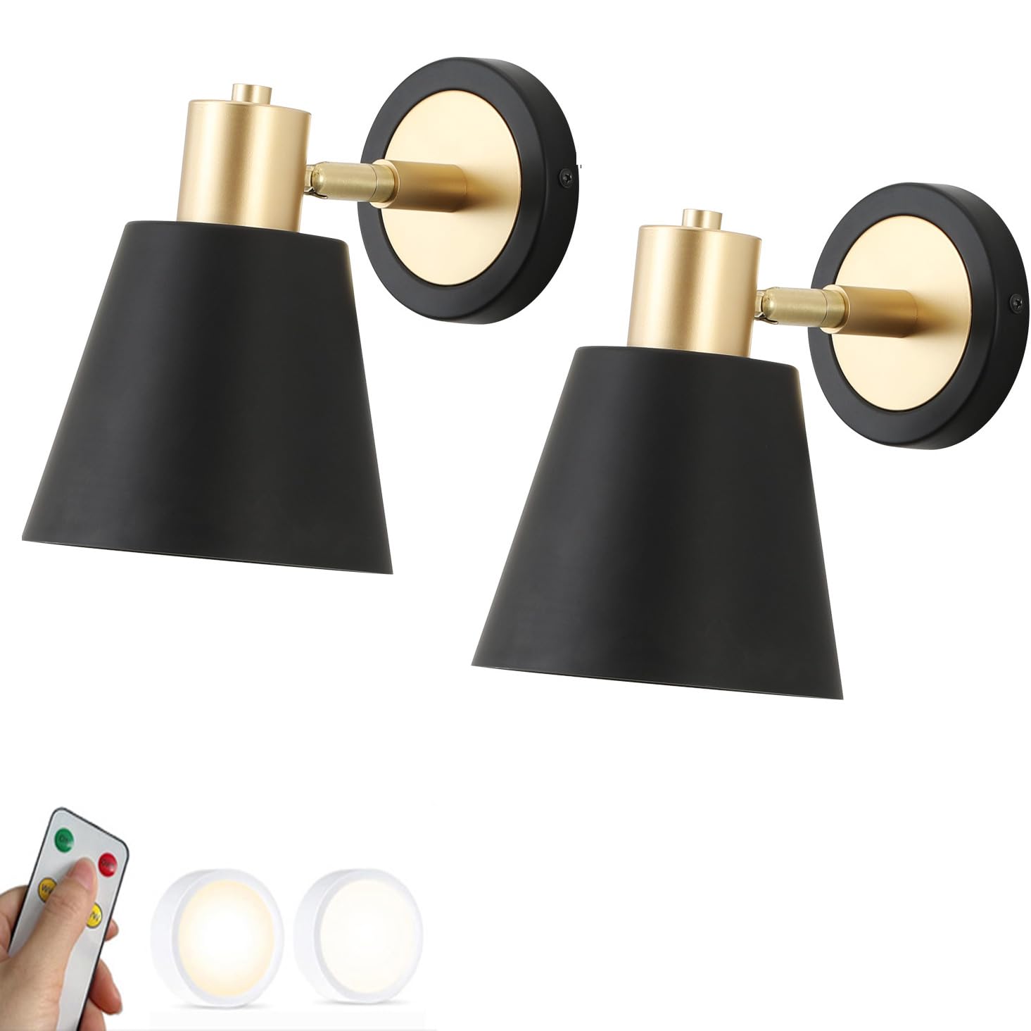 SWEMOPP Mid Century Modern Sconces Wall Decor Set Of 2 Battery Operated Remote Non Hardwired Wall Light Fixtures Black Gold Metal Farmhouse Industrial Cordless Wall Lamp For Living Room Bedroom Bedsid