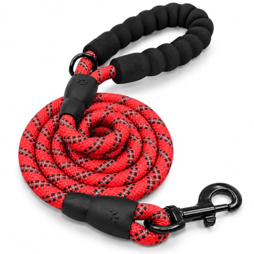 Image of PetVogue FT Nylon Rope Dog Leash, Heavy Duty Training & Walking Lead for Small, Medium & Large Dogs, Reflective Pet Walking Cord with Comfortable Padded Handle & Strong Metal Clip (Red)
