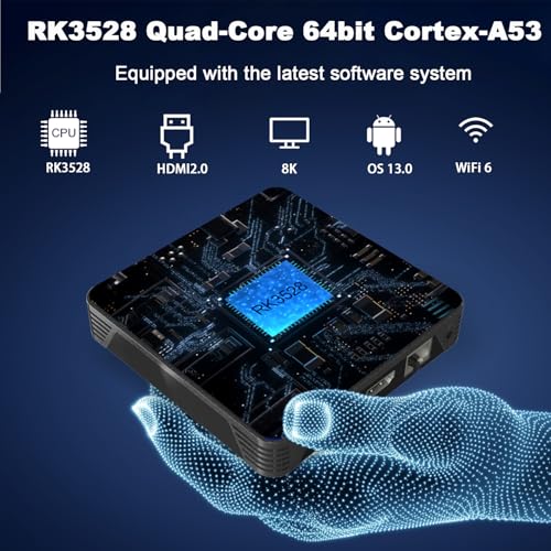 GREVA Android 13.0 TV-box, 4 GB RAM, 32 GB ROM, Smart-TV-Box, Android TV 4K, 8K, RK3528, 64bit Quad-Core, 2,4/5,0 GHz, Dualband WLAN6, BT 5.0, 10/100 m, Ethernet, Internet, HDMI, Ultra HD, Streaming - Afbeelding 4