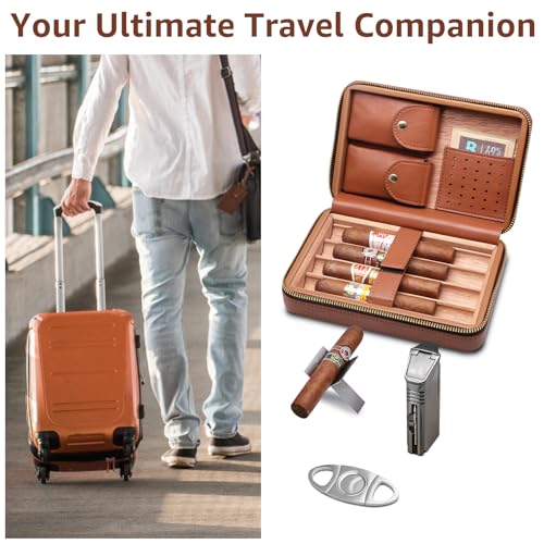 Flauno Cigar Travel Humidor Case, Leather Cigar Case with Cedar Wood Lined, Portable Travel Humidor Box with Cigar Accessories (Cigar Lighter, Cigar Cutter and Cigar Holder) - Thumbnail 7