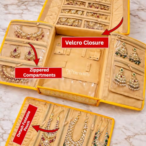 Image of Trendifly silk Lucknowi Jewellery Organiser Box for women Necklace organizer pouches Travel Makeup Cosmetic Earrings Jewelry Storage box for Bridal Gifting (Bright Yellow)