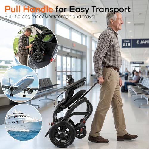 Image of SOFTFISH Transport Wheelchair with Ergonomic Design & Pull Rod, Wheelchairs for Adults with Adjustable Push Handles & Footrests, 12 inch Rear Wheels, Flip-Back Armrests, Carbon Fiber Aluminum Frame