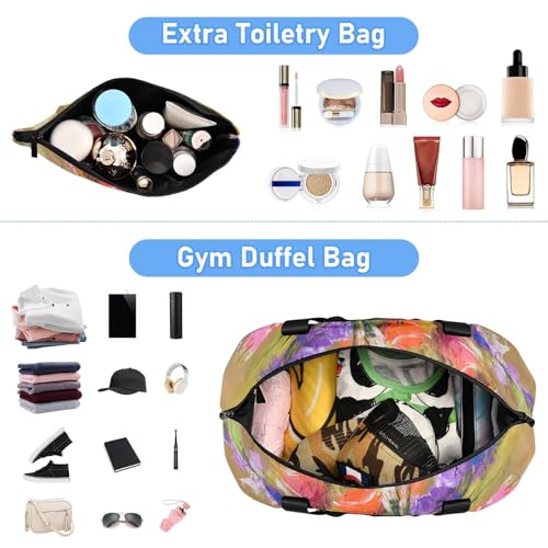 Retro Flowers with Color Oil Painting Feel Travel Duffel Bag Shoulder Weekender Overnight Bag with Toiletry Bag for Trekking Waterproof4