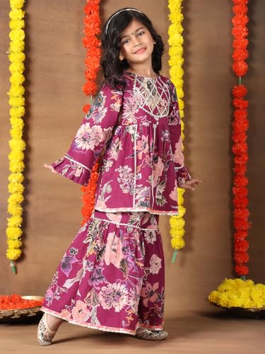 Image of superminis Girls Cotton Floral Printed Gotta Work Full Sleeves Kurti and Matching Sharara Ethnic Wear Set