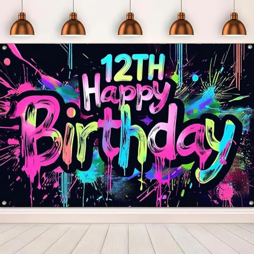 Image of HOMETITUTE Neon 12th Happy Birthday Banner 71x43 Inch Glow Party Supplies | Graffiti 12th Birthday Party Sign Supplies, Cool 12 Year Old Birthday Poster Background Photo Booth Props Decor