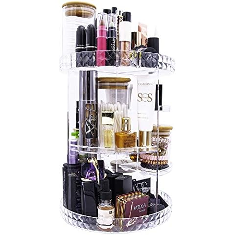 Rotating Makeup Organise, 360 degree Crystal Adjustable Cosmetic Perfumes Display with Glass Storage Jars with Airtight Bamboo lids, Great Capacity Dresser, Bedroom, Bathroom M&B Cover