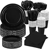 durony 350 Pieces Black Paper Dinnerware Set 7 Inch 9 Inch Disposable Dinner Plates Serve 50 Guests Paper Cup Cutlery Napkins Solid Color Party Supplies for Birthday Wedding Party Family Picnic