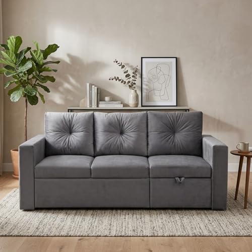 Image of FURNY Tira 4 Seater RHS Lounger Sofa Cum Bed (Dark Gray) with Pull-Out Function | Luxury Velvet Suede Finish | Durable Comfort | Ideal for Living Room