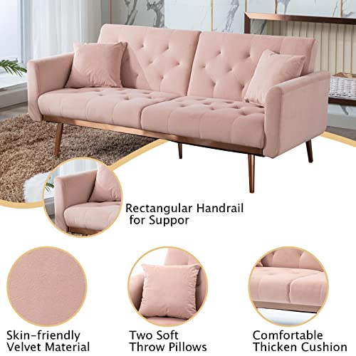 Tehrecbt Velvet Accent Sofa Loveseat Sofa With Rose Gold Metal Feet, Futon Sofa Bed Convertible Sleeper Sofa For Living Room, Small Splitback Sofa With 2 Pillow (63.8'L'x31.5''Dx30.7''H, Pink) #TOP4