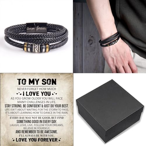 Son's Infinity Knot Bracelet, Forever Linked Together Bracelet for My Son To My Son Infinity Knot Leather Bracelet From Mom Stainless Steel Engraved Jewelry for Birthday Christmas 6