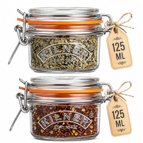 Image of Kilner Premium 2 x 125ML Clip Top Airtight Round Glass Food Storage Jar | Multipurpose BPA Free, Reusable Kitchen Container for Storage for Herbs, Spices, Set of 2