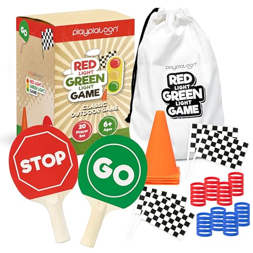 Play Platoon Red Light Green Light Game for Kids The Traditional Original 20 Player Set with Real Wood Handle Signs - Outdoor Yard Game for Family Kids and Teens - Cool for Boy Birthday Gifts