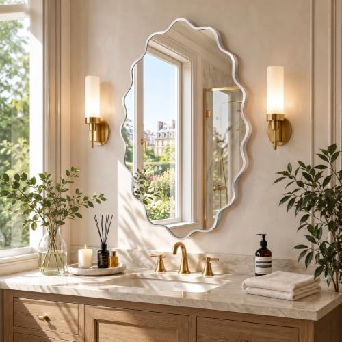 Image of Silver Oval Wall Mirror, 22 inch x 30 inch Wavy Bathroom Mirror for Wall with Brushed Alloy Steel Frame&Shatter-Proof Glass, Hanging Decorative Wall Mirrors for Bathroom Sink, Bedroom, Entryway